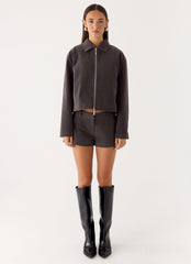 Austina Faux Suede Boxy Jacket - Tan Grey